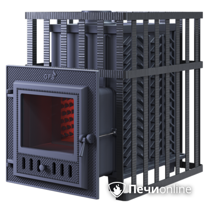 Дровяная банная печь Гефест ЗК в сетке-18 (М) чугунная дверца со стеклом, запатентованная каменка сетка в Нижневартовске